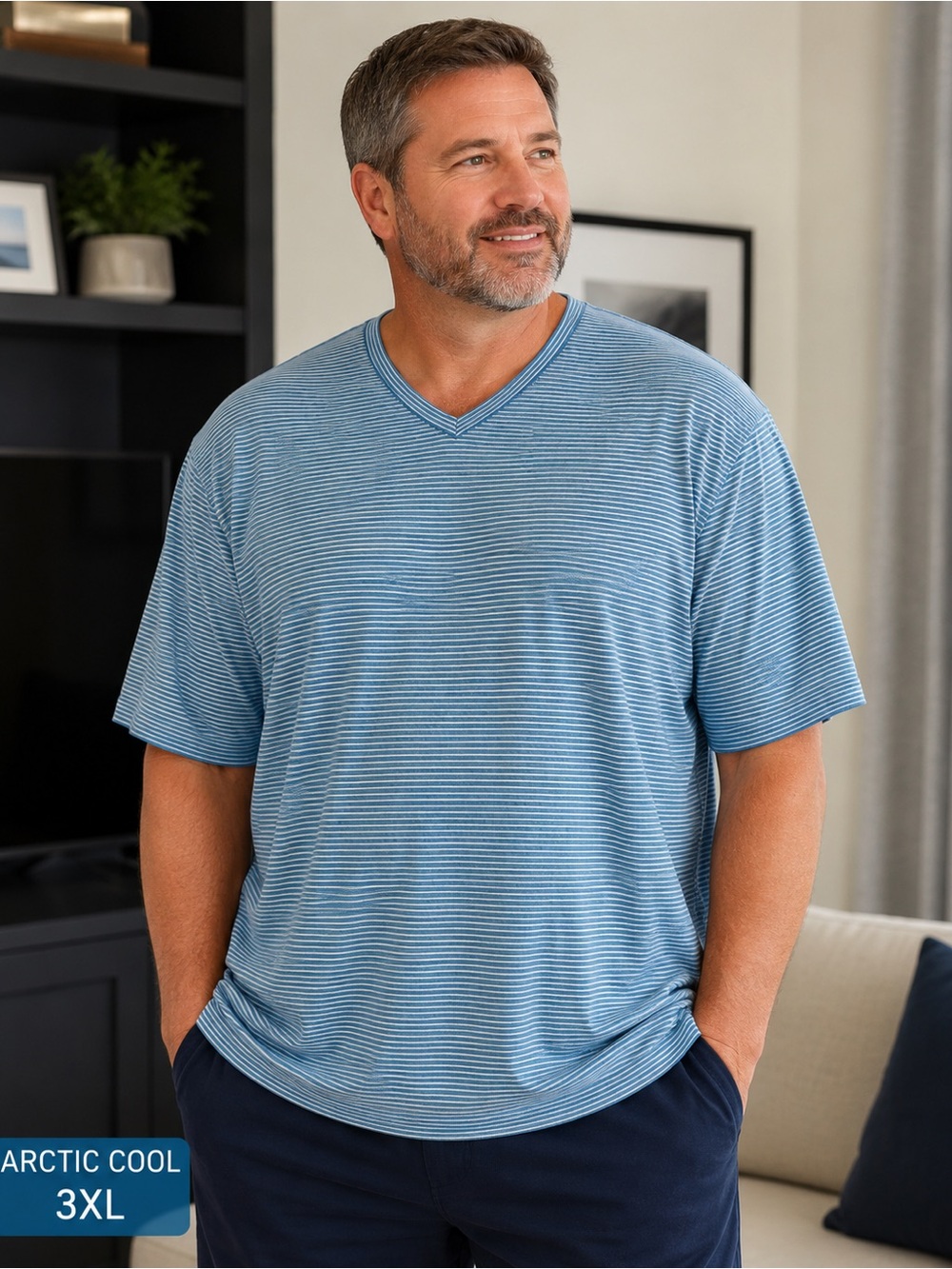 Arctic Cool Striped V-Neck Tee in Sky Blue